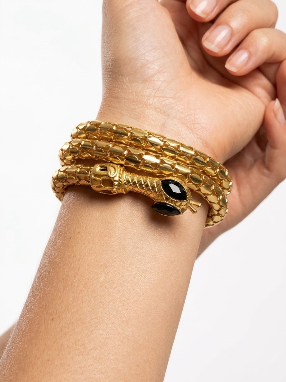 Gold Snake Wrap Bracelet with Black Stone Accents